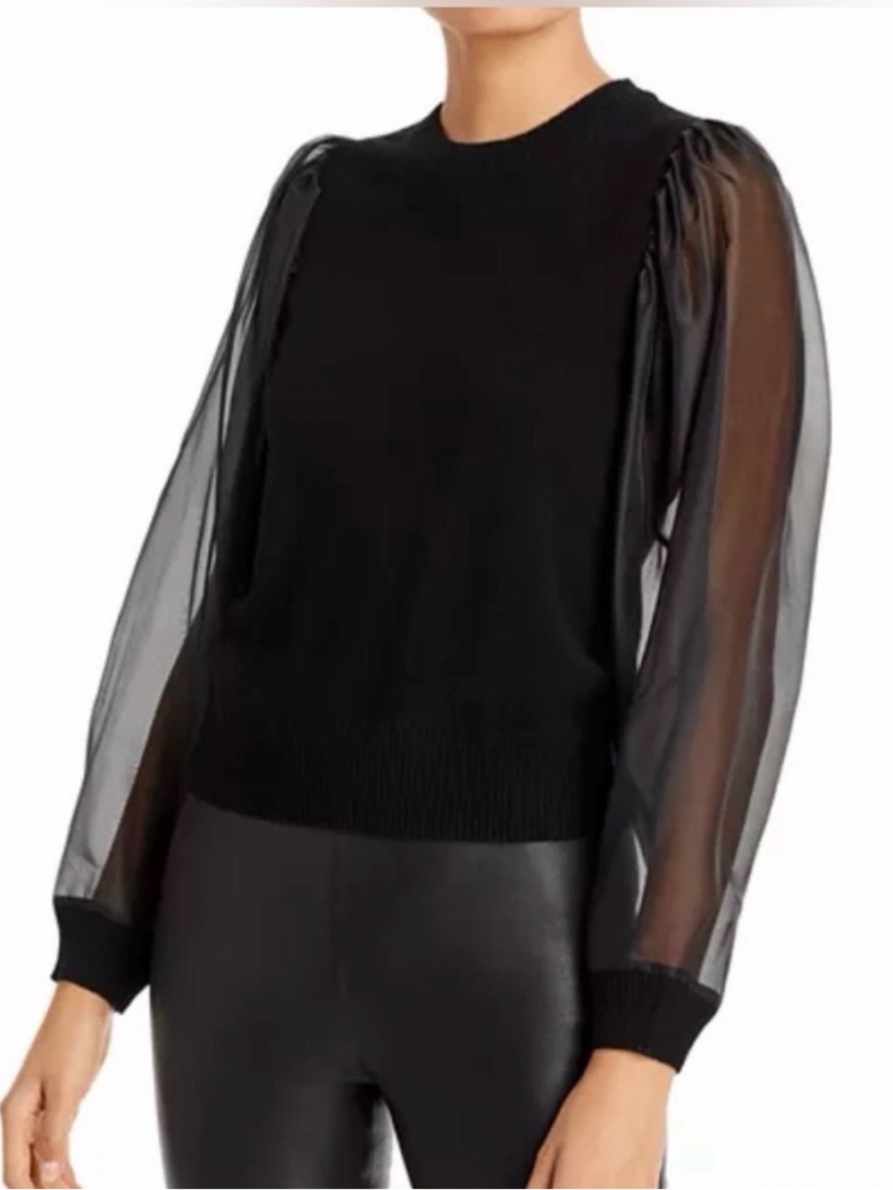 Aqua Cashmere Chiffon Sleeve Sweater 100% Cashmere Sheer Size S Black